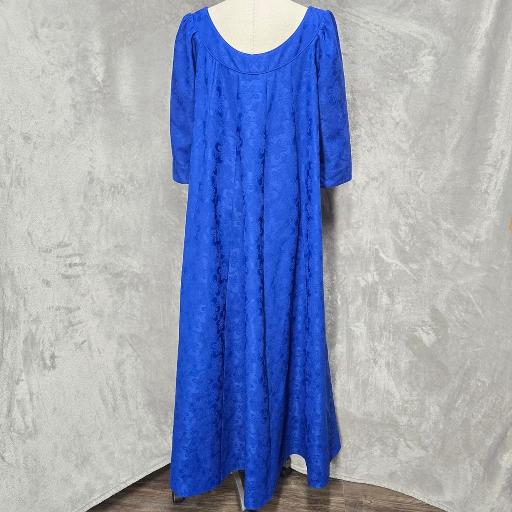 Vintage Kiyomi Hawaii Muumuu Dress Women 12 Royal Blue Floral Jacquard Altered - Picture 2 of 16